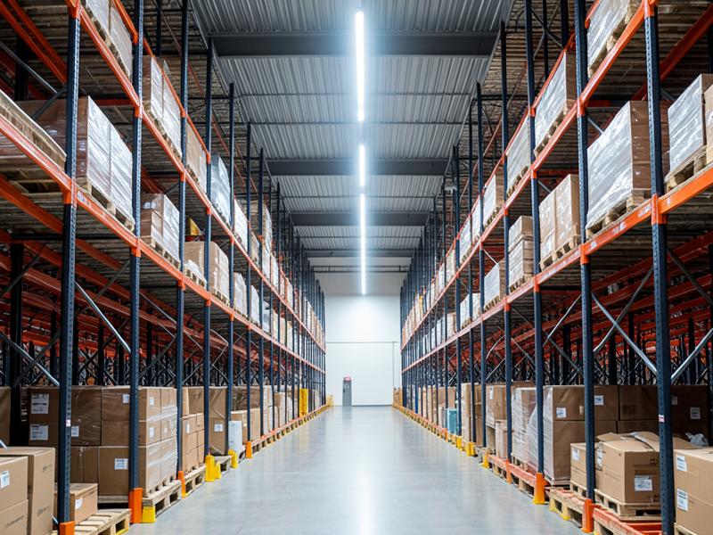 Linear LED aisle lighting between warehouse racking